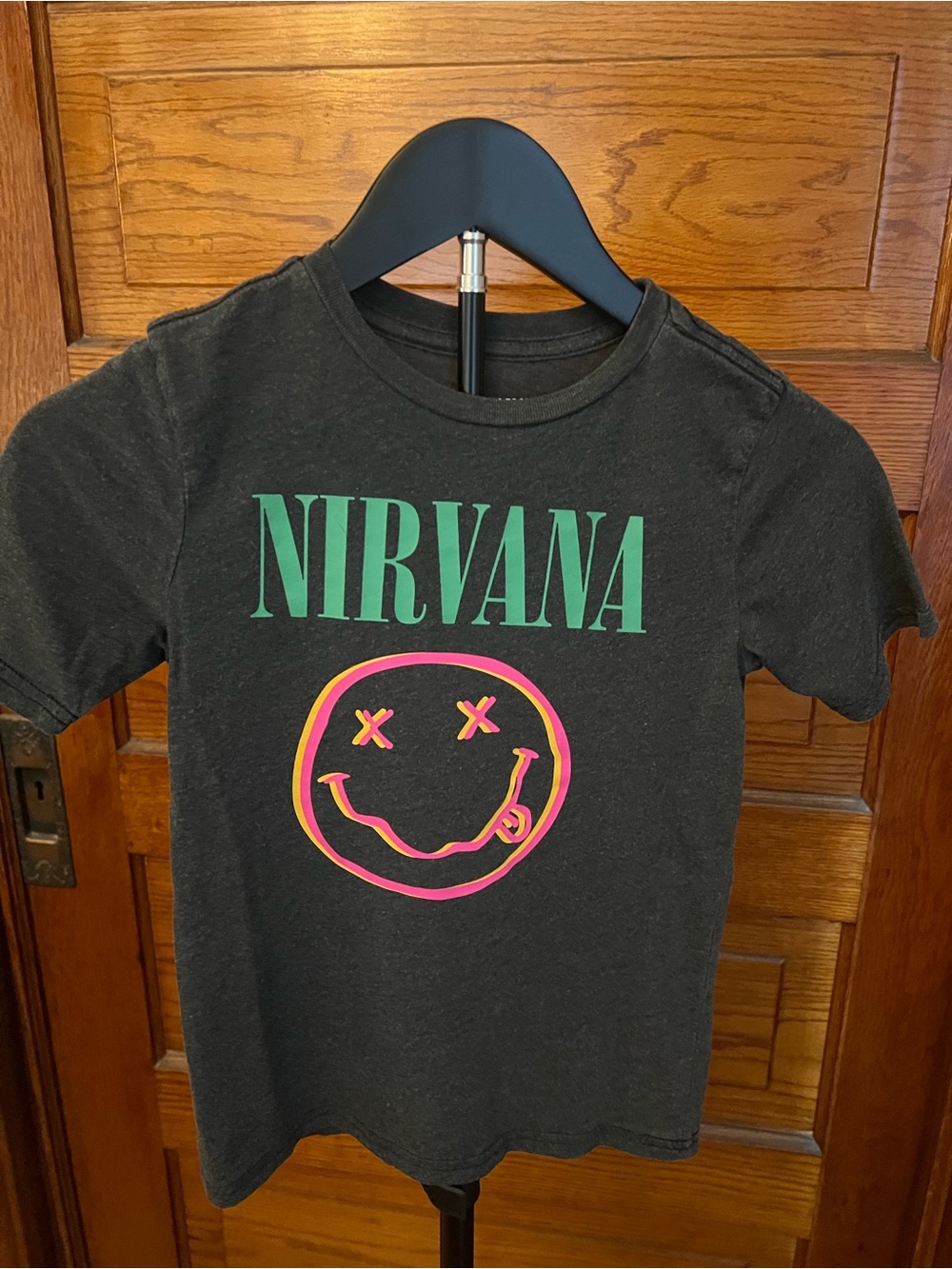 NIRVANA Band Black Kids Tee with Neon Smiley and Green Logo